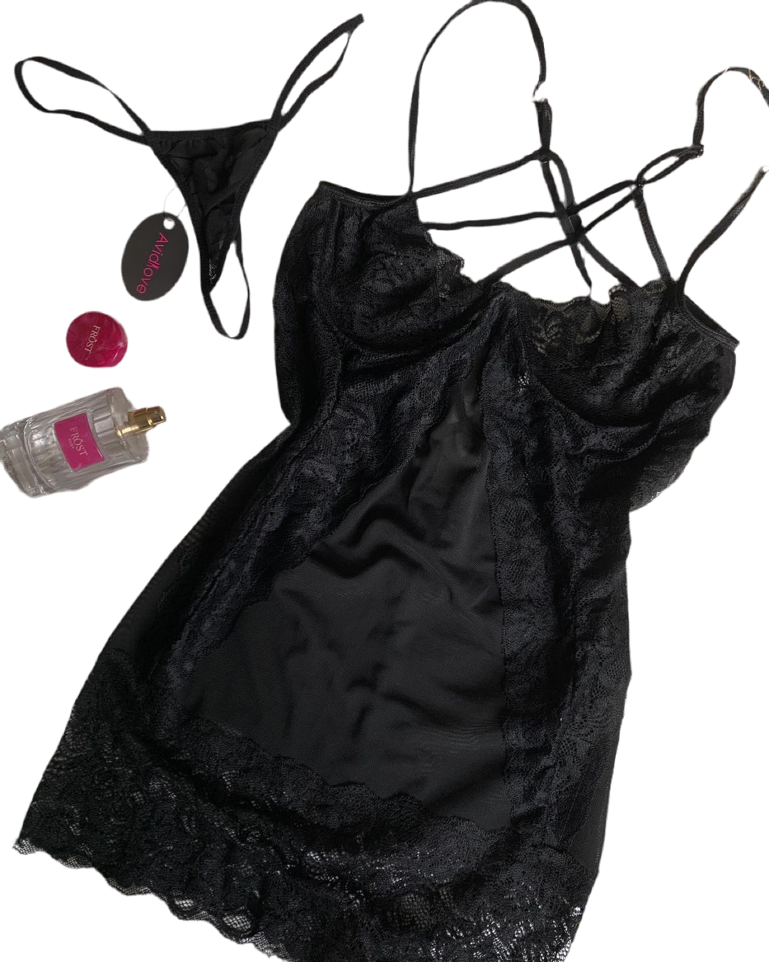 ROBE LINGERIE SEXY NOIRE avec String Assorti réf: hasna